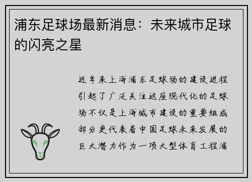 浦东足球场最新消息：未来城市足球的闪亮之星