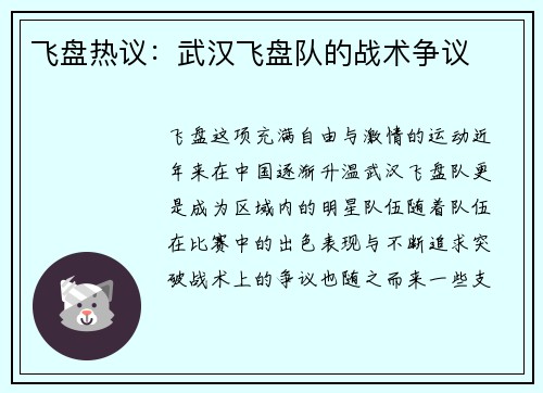 飞盘热议：武汉飞盘队的战术争议