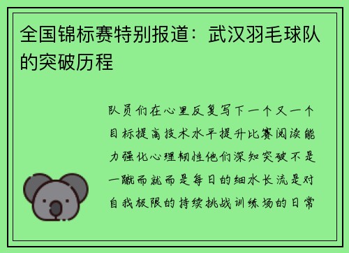 全国锦标赛特别报道：武汉羽毛球队的突破历程