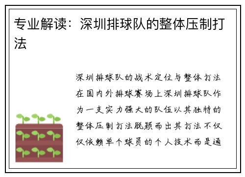 专业解读：深圳排球队的整体压制打法